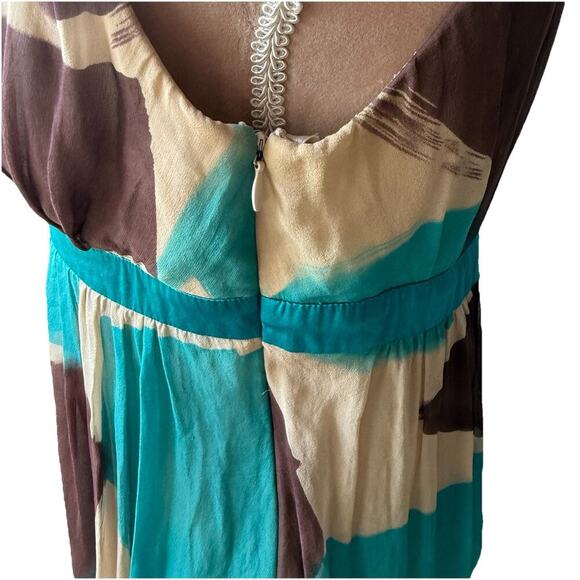 Vintage Sue Wong Y2K 100% Silk Teal Brown Floral Knee Length Midi Dress Size 12 - Picture 4 of 7